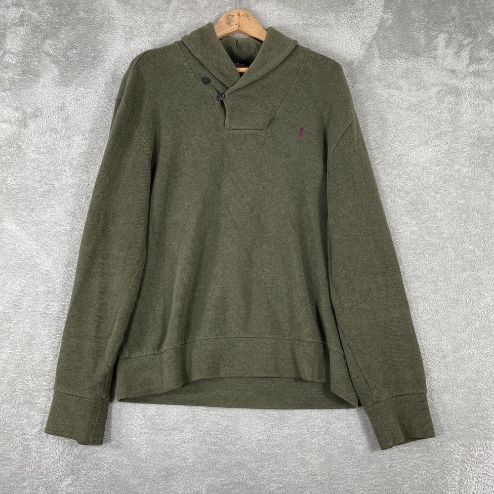 Polo Ralph Lauren Sweater Mens Large Green Shawl‎ Neck Elbow Patches Pullover